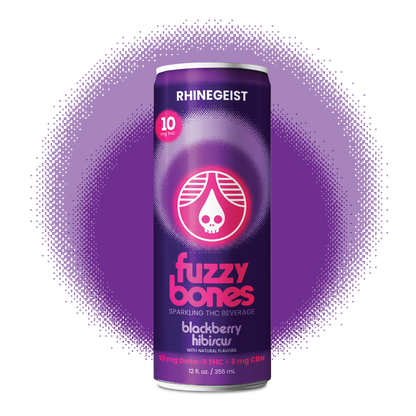 Fuzzy Bones sparkling THC beverage can with Rhinegeist branding on a purple background