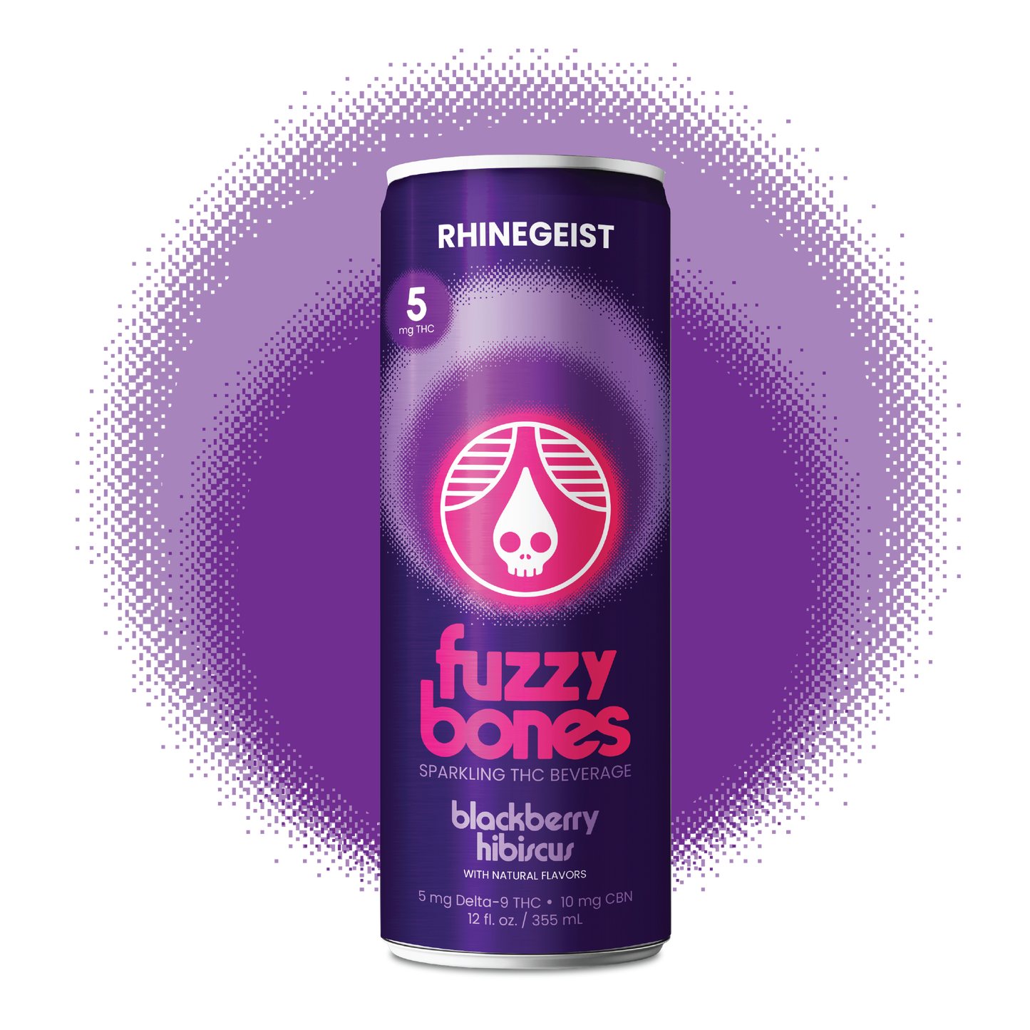 Fuzzy Bones sparkling THC beverage can with Rhinegeist branding on a purple background