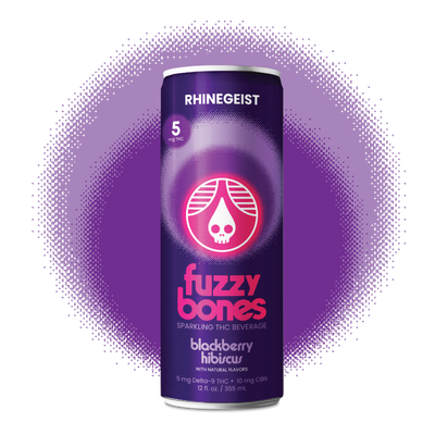Fuzzy Bones sparkling THC beverage can with Rhinegeist branding on a purple background