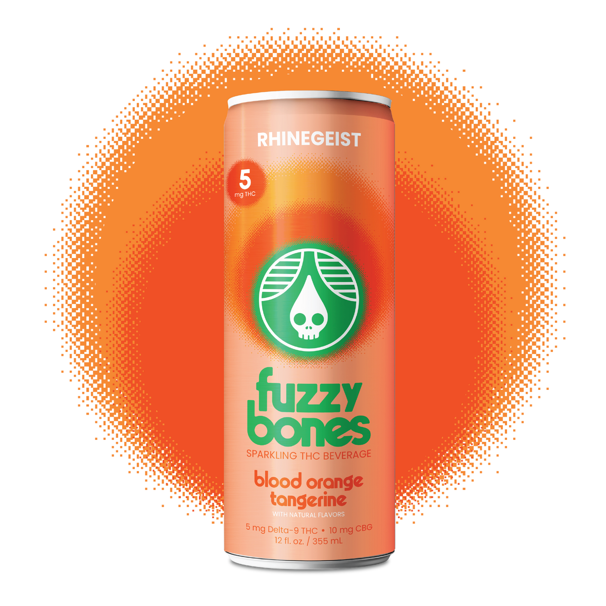 Fuzzy Bones sparkling THC beverage can with Rhinegeist logo on an orange background