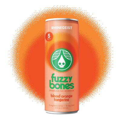 Fuzzy Bones sparkling THC beverage can with Rhinegeist logo on an orange background