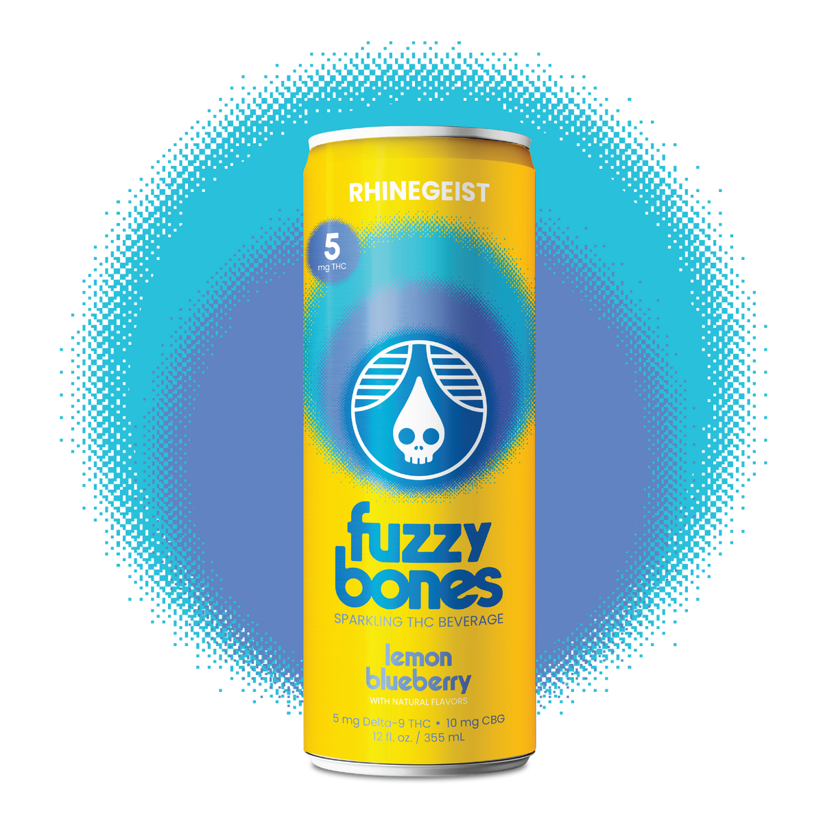 Fuzzy Bones lemon blueberry sparkling THC beverage can on a white background
