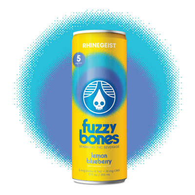 Fuzzy Bones lemon blueberry sparkling THC beverage can on a white background